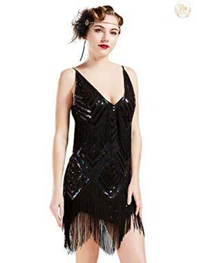 1920s Flapper Dresses for Women V-Neck Sequin Fringe Bodycon Midi Gatsby Dress